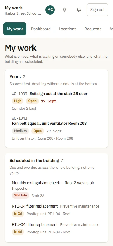 My work on a phone: “Yours 2” listing WO-1039 and WO-1043, and “Scheduled in the building 3”: a monthly extinguisher check 20 days late and the RTU-04 filter replacement due in days.